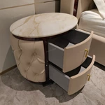 Round Cream Tufted Leather Nightstand with White Marble Top and Dark Glossy Frame